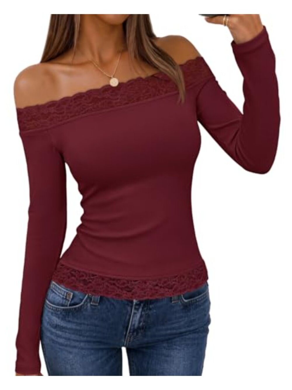 Off Shoulder Lace Trim Long Sleeve Crop Top Y2K Slim Fit Blouse